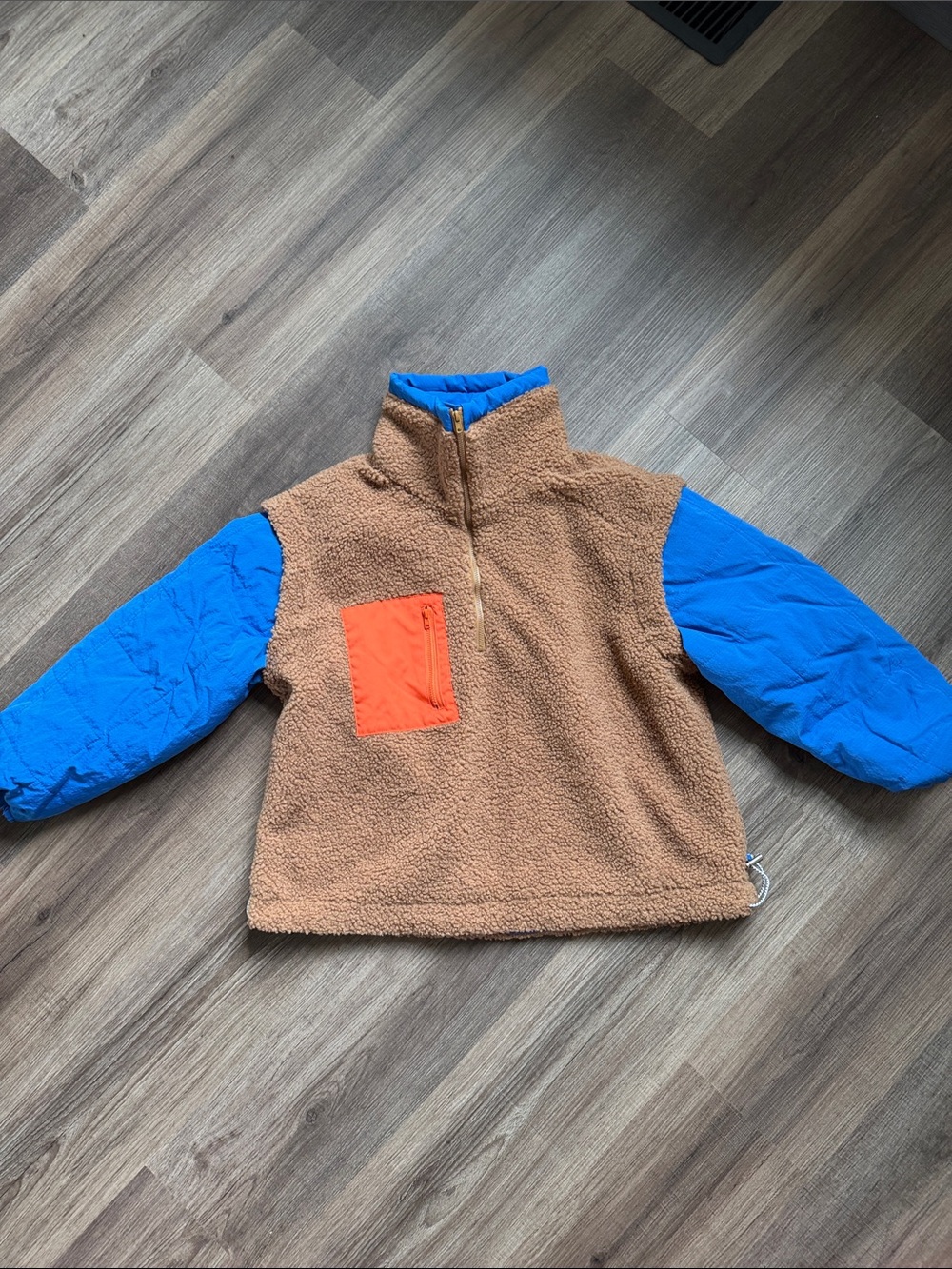 Kids Brown Sherpa Pullover with Blue Sleeves and Orange Pocket